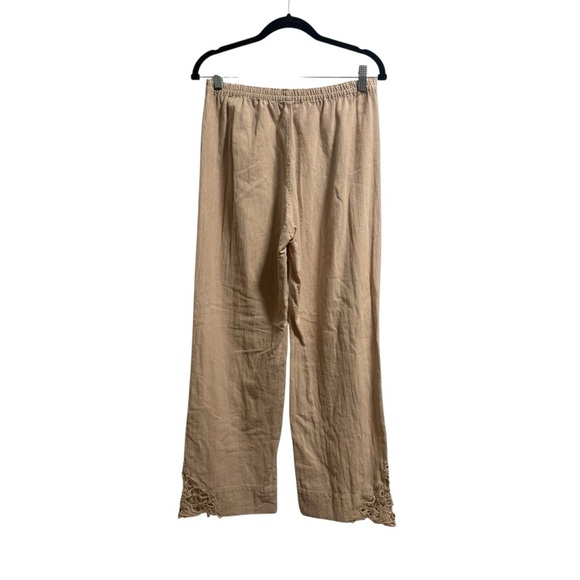 Soft Surroundings Linen Blend Wide Leg Pants Beige Cropped Embroidered Hem Small - Picture 2 of 4